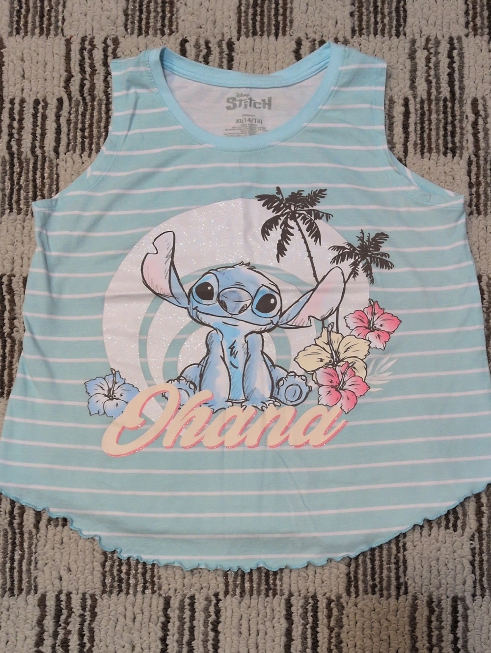 Disney Girls Light Mint Green & White Stripe Stitch "Ohana" Tank Top